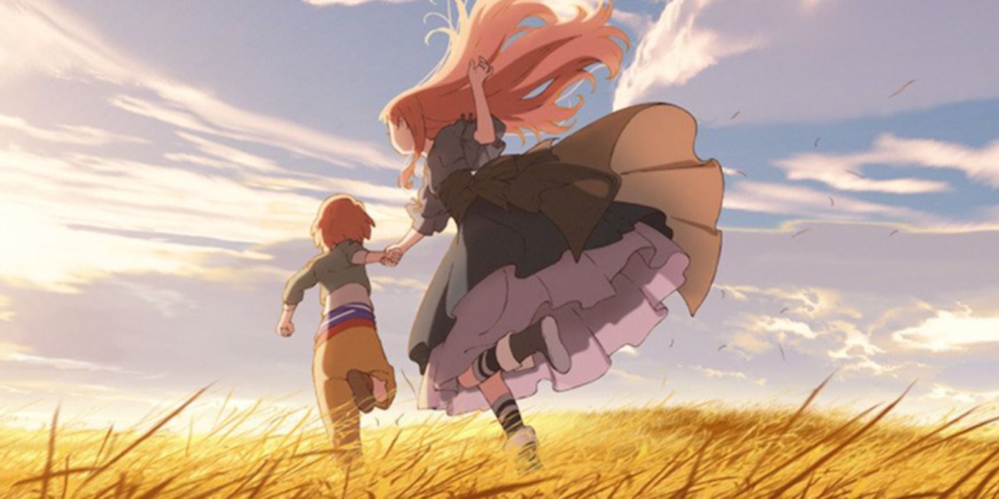 Maquia running with the human child she's raising through a field.