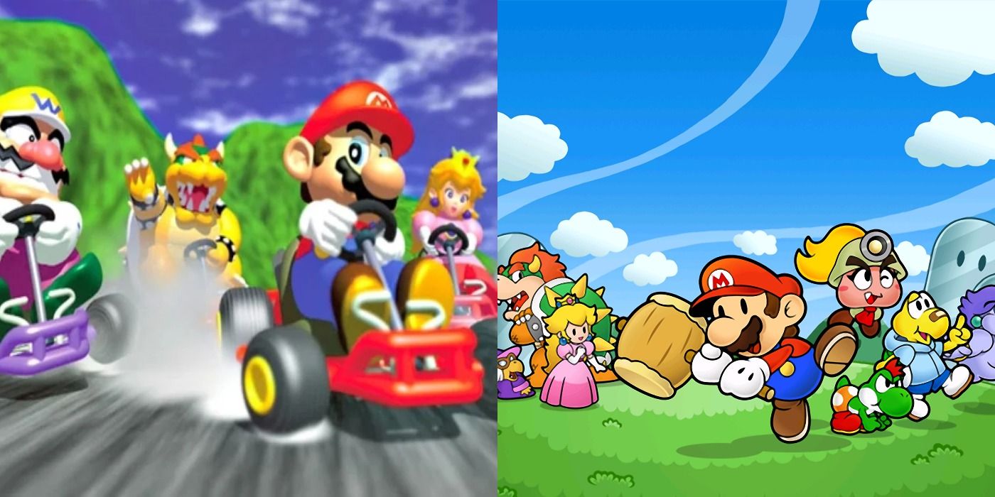 Split image of Mario and co. racing in Mario Kart 64 and the cast of Paper Mario on GameCube.