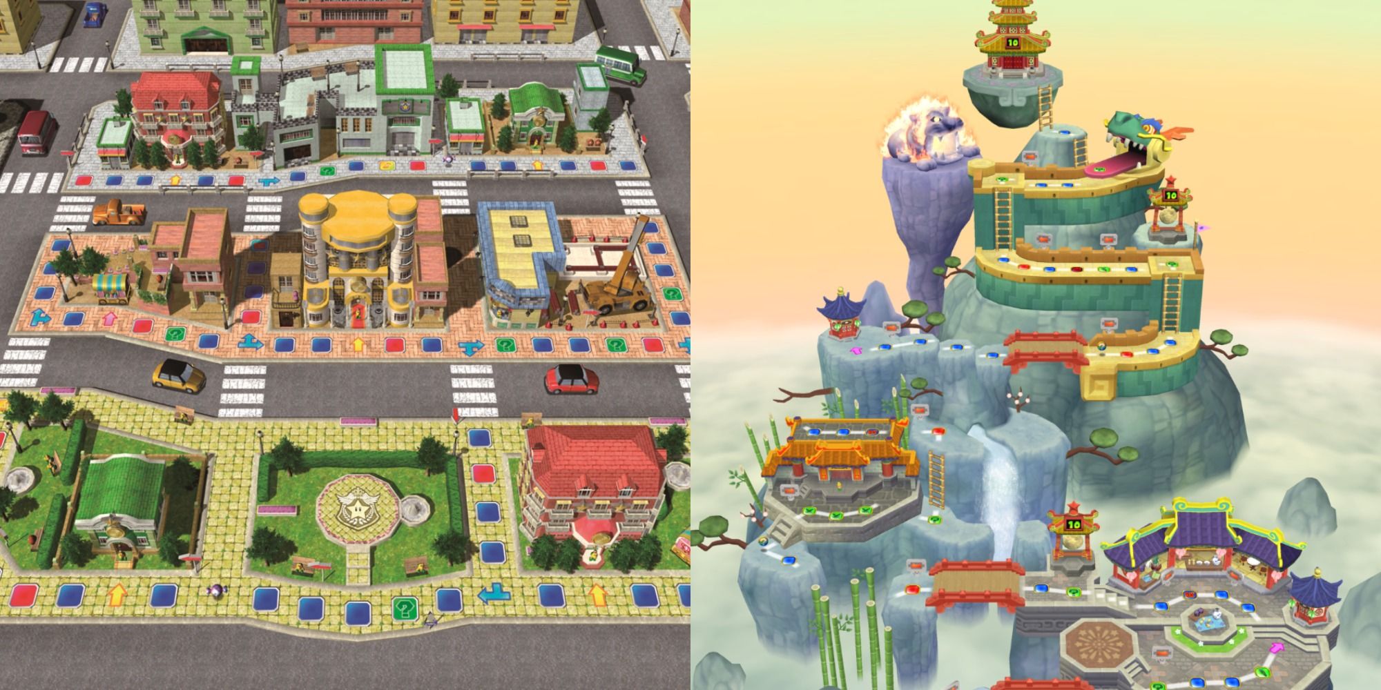 Split image showing the Koopa's Tycoon Town and Pagoda Peak boards in Mario Paerty games.