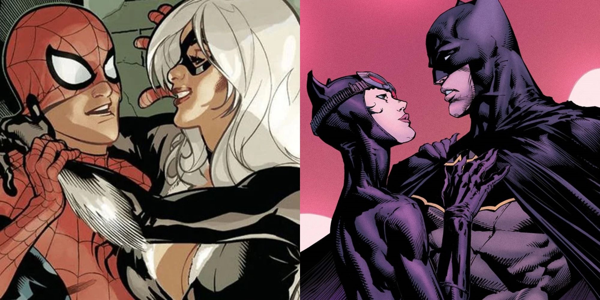 Split image showing Spider-Man and Black Cat and Catwoman and Batman in the comics.