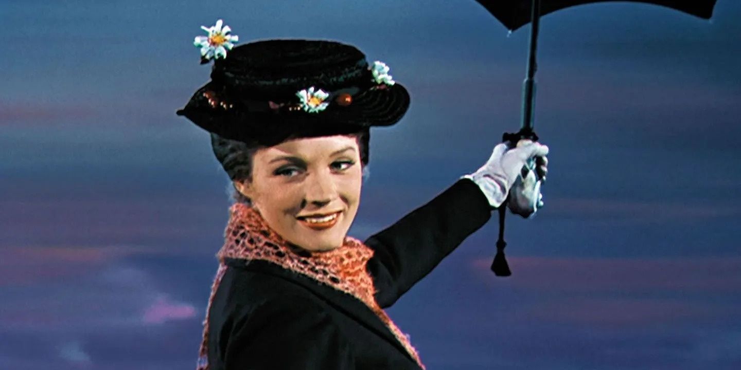 Mary Poppins flying away with her magic umbrella.