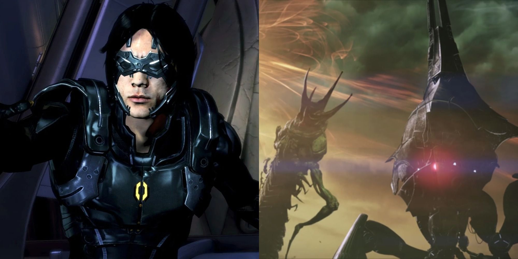 Split image showing Kai Leng and Kalros attacking a reaper in Mass Effect 3.