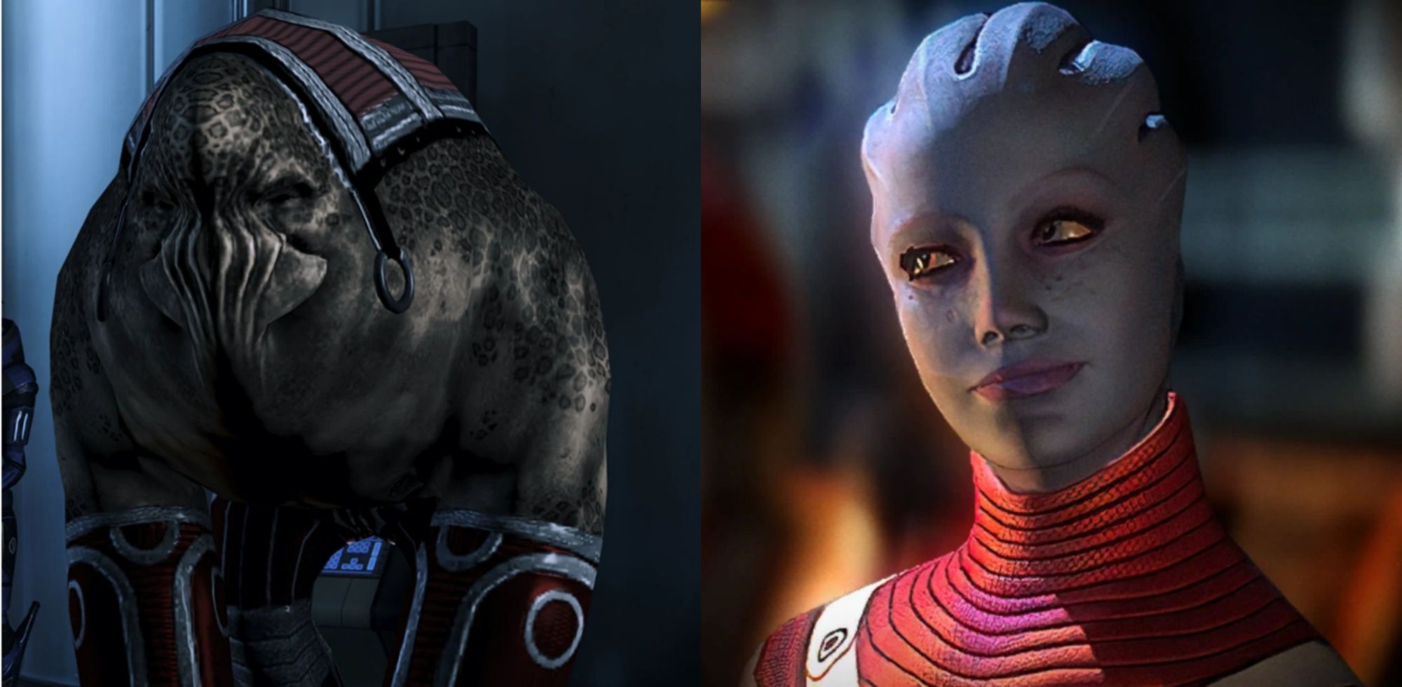 Split image showing an Elcor and an Asari in Mass Effect.