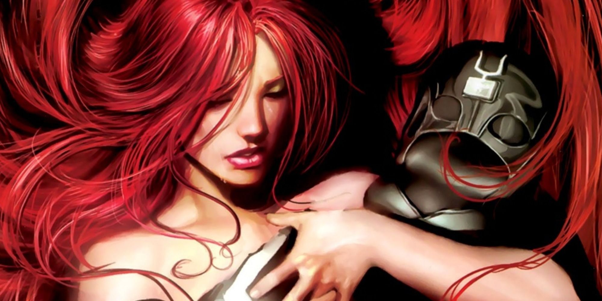 Medusa holds the empty suit of Black Bolt in Marvel Comics.