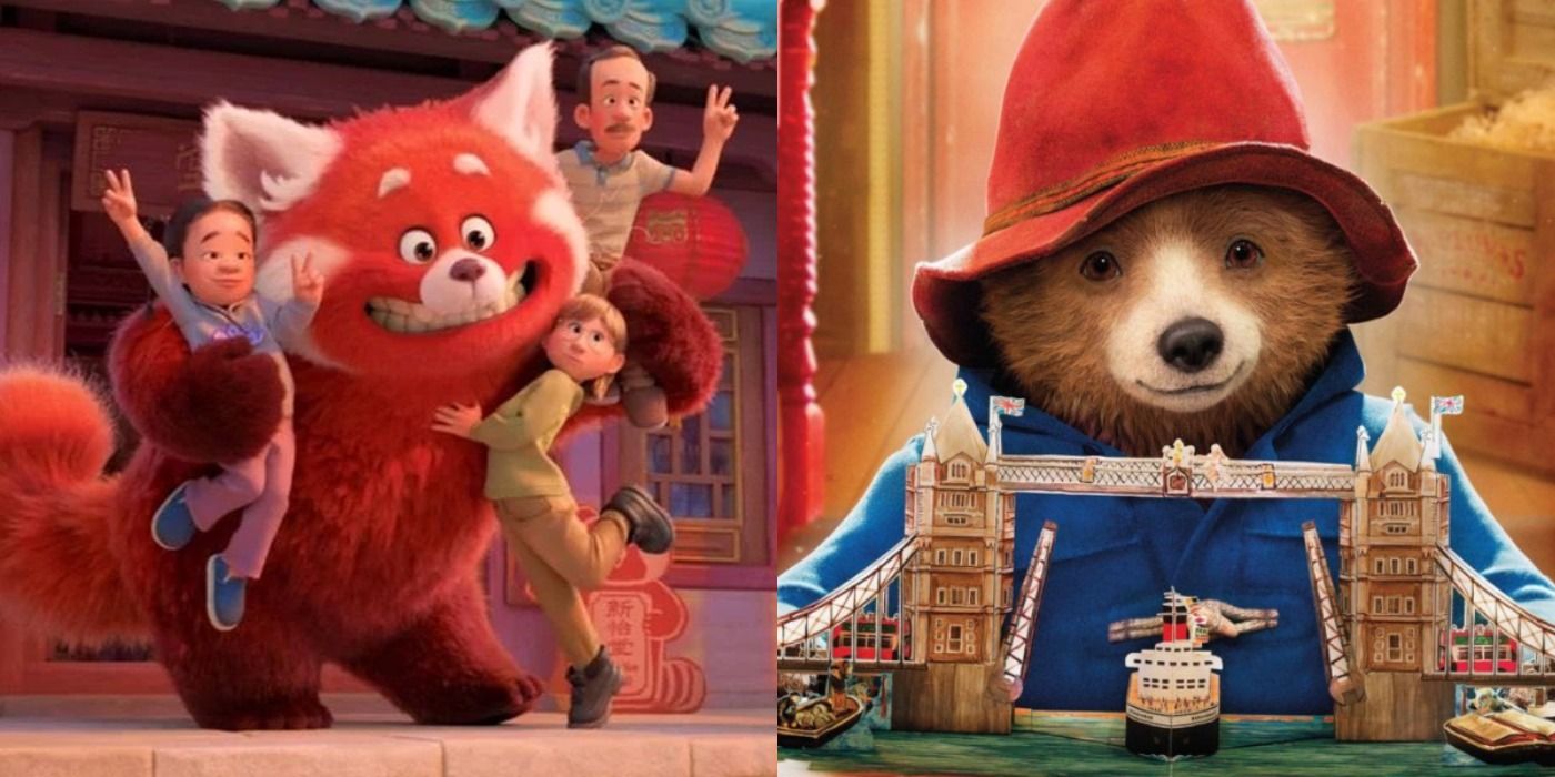A split image showing Mei from Turning Red and Paddington from Paddington 2.