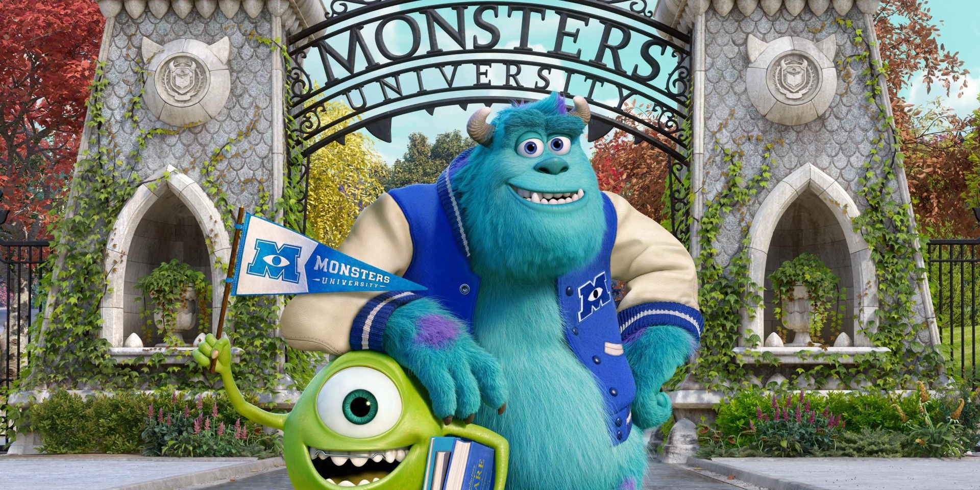 Mike and Sully stand outside of Monsters University