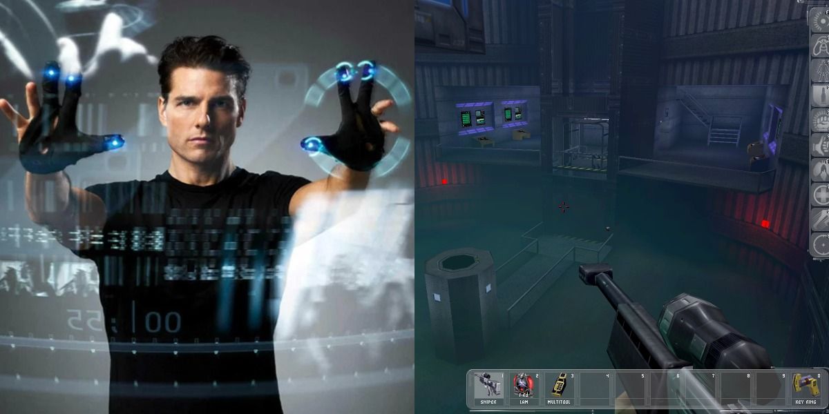 Tom Cruise as John Anderton in Minority Report and Denton takes aim in Deus Ex.