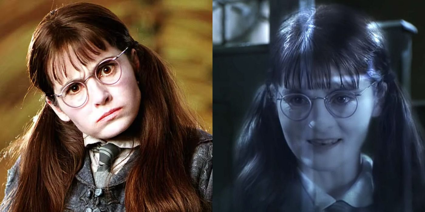 A split image showing Moaning Myrtle in both images from Harry Potter