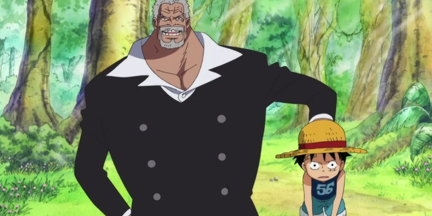 Monkey D. Garp holding a young Luffy.