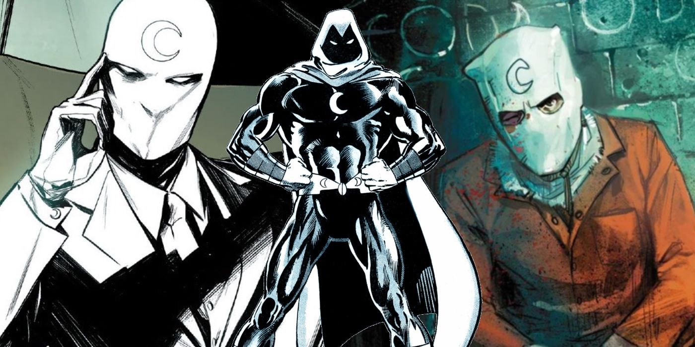 Classic Moon Knight over split-screen of Mr. Knight in chair and cover of Moon Knight: Devil's Reign tie-in comic