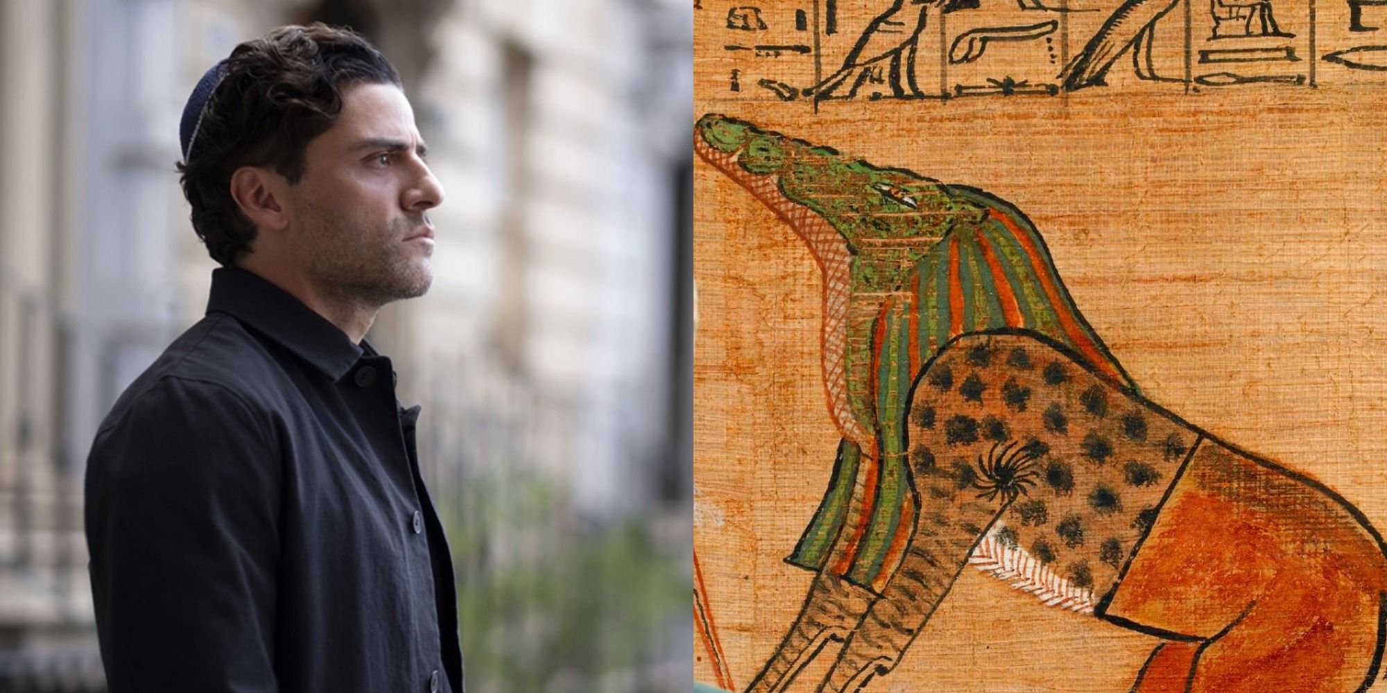 Split image of Marc Spector and a tomb painting