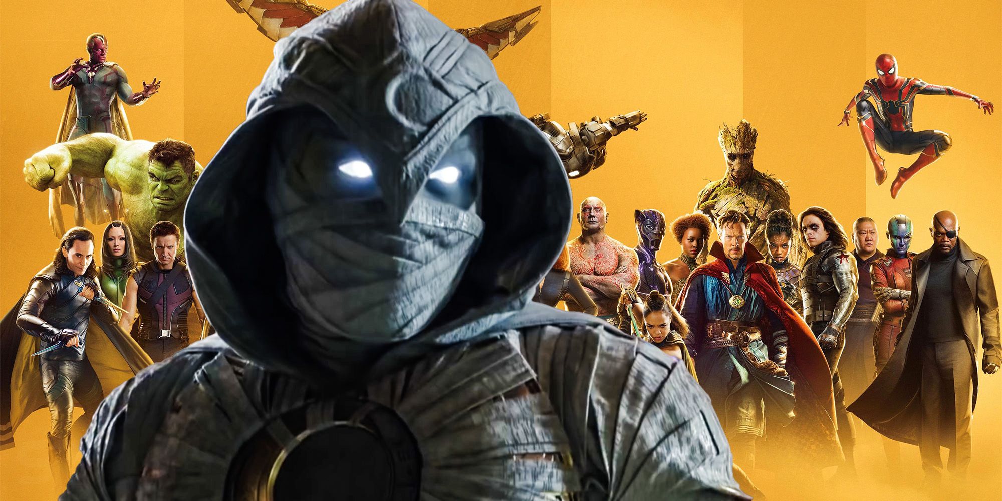 Moon Knight in front of promotional art featuring dozens of MCU characters
