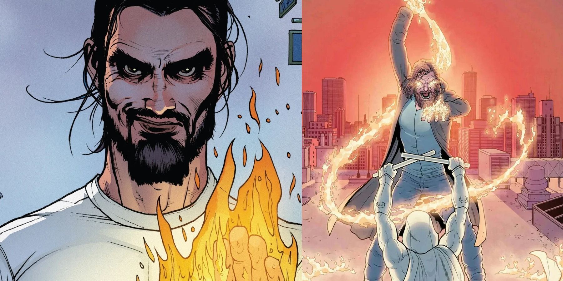 Marvel Comics Sun King staring ahead, fire in palm; attacking Moon Knight