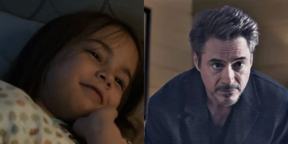 Split image: Morgan Stark smiling in bed and Tony as a hologram during his funeral in Endgame
