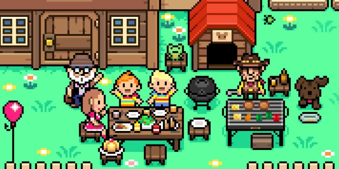 Lucas eating with a supporting cast of character in Mother 3.