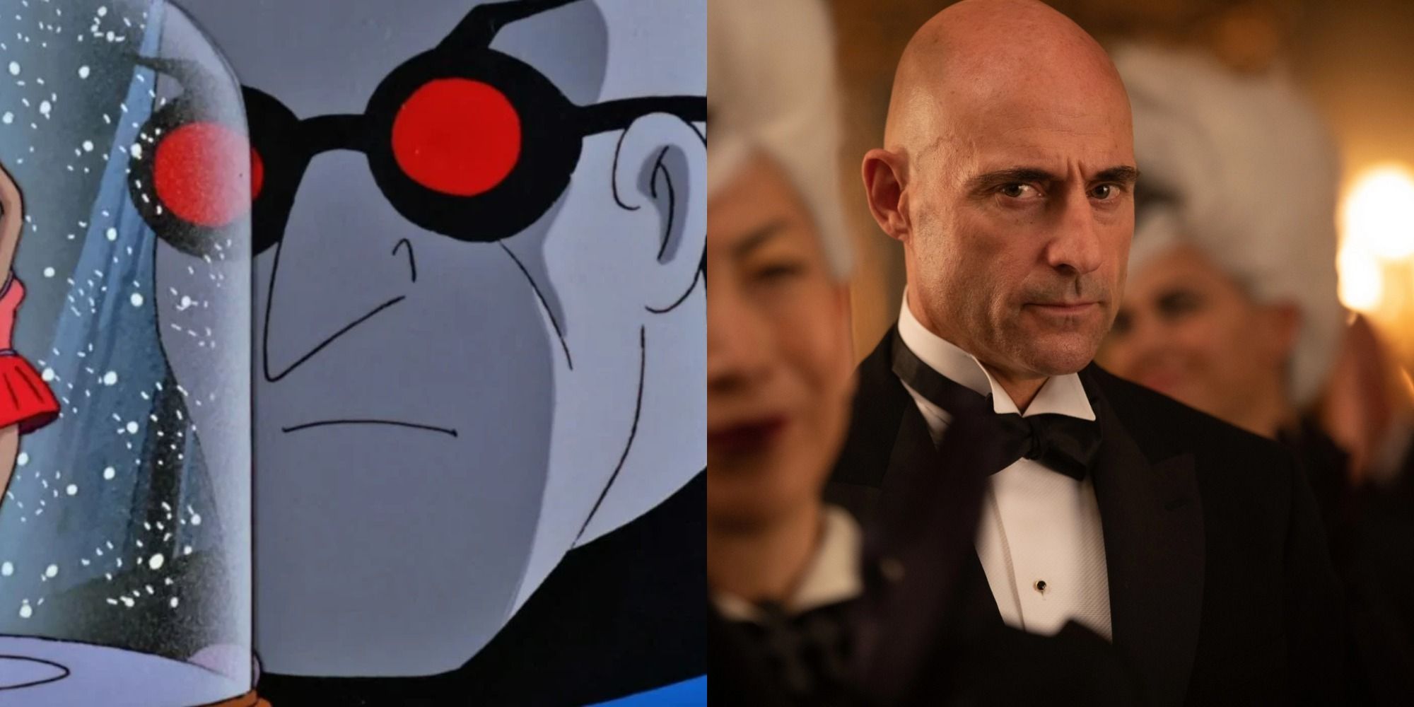 Split image of Mr. Freeze in Batman: The Animated Series and Mark Strong in Cruella