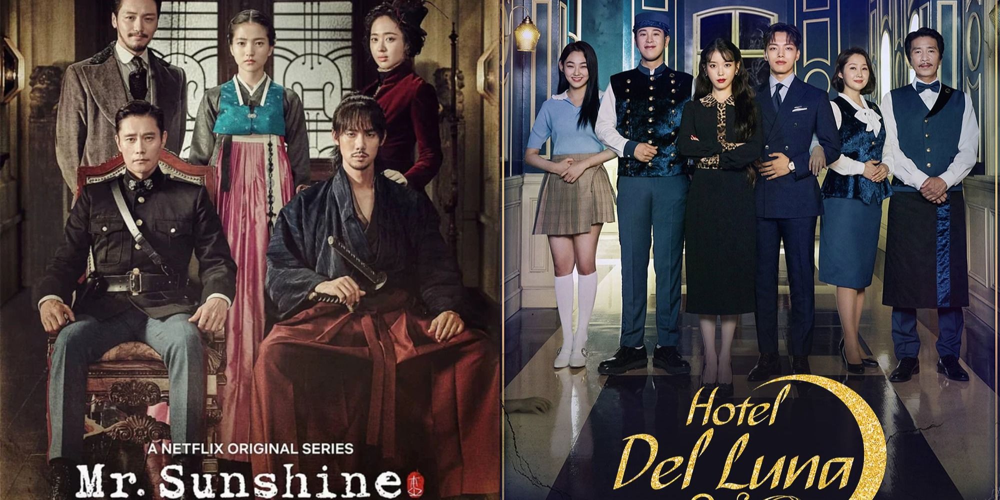 Split image showing characters from the kdramas Mr. Sunshine and Hotel del Luna.