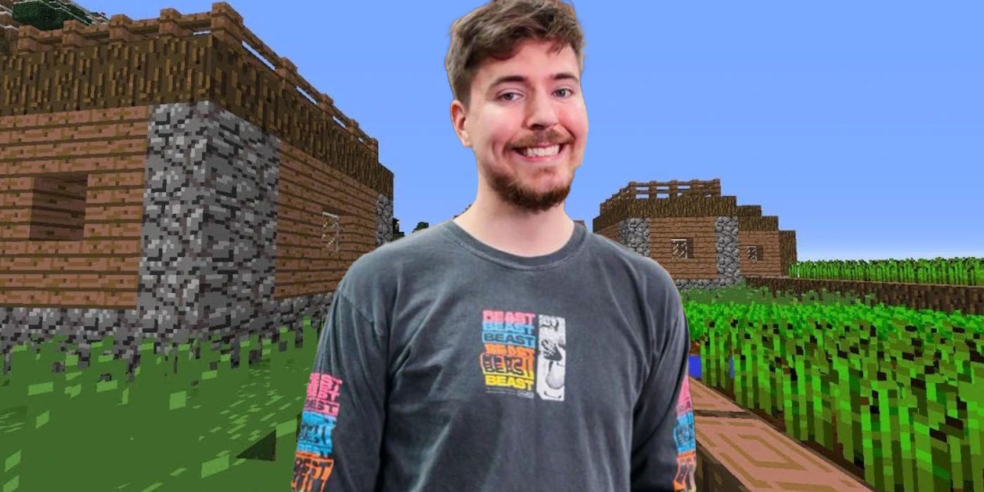 MrBeast grins in front of a Minecraft image