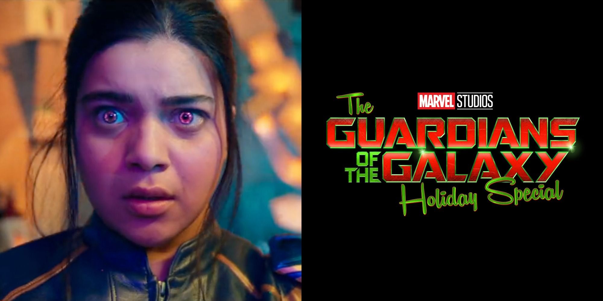 Split image showing Ms. Marvel and the logo for The Guardians Holiday Special.
