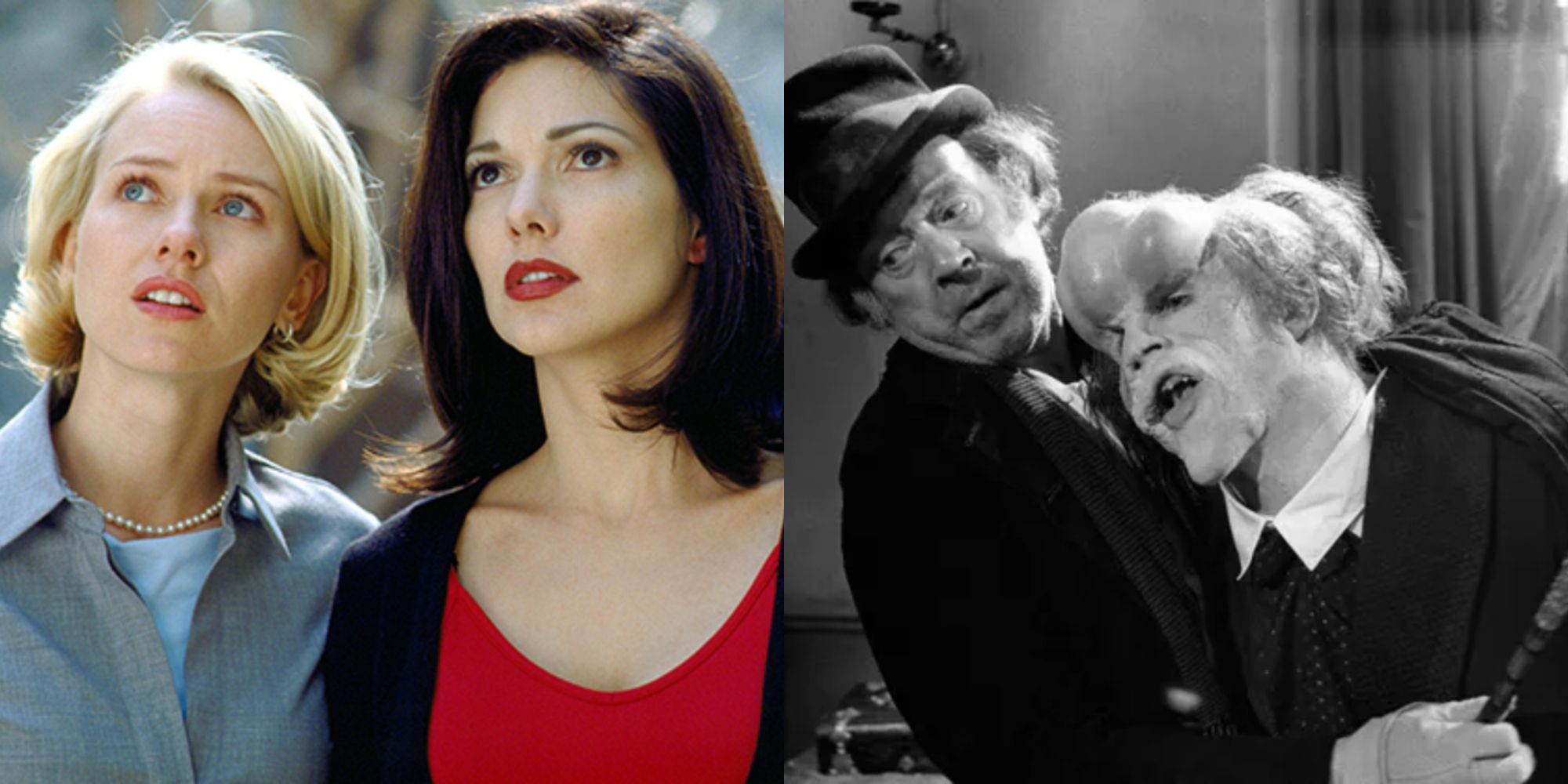 Split image showing characters from Mulholland Drive and The Elephant Man.
