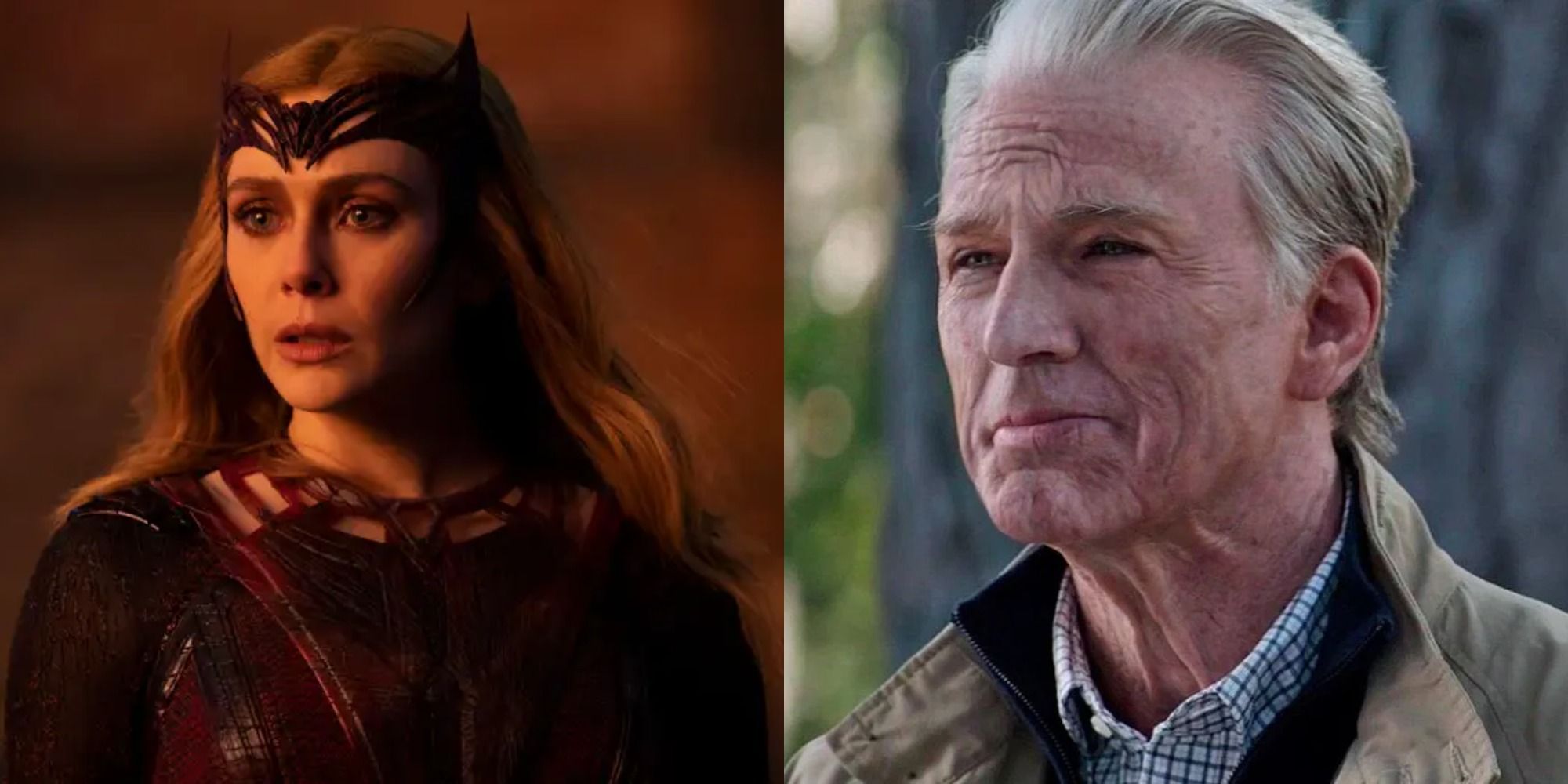 Split image showing Scarlet Witch in MoM and old Steve in Endgame.