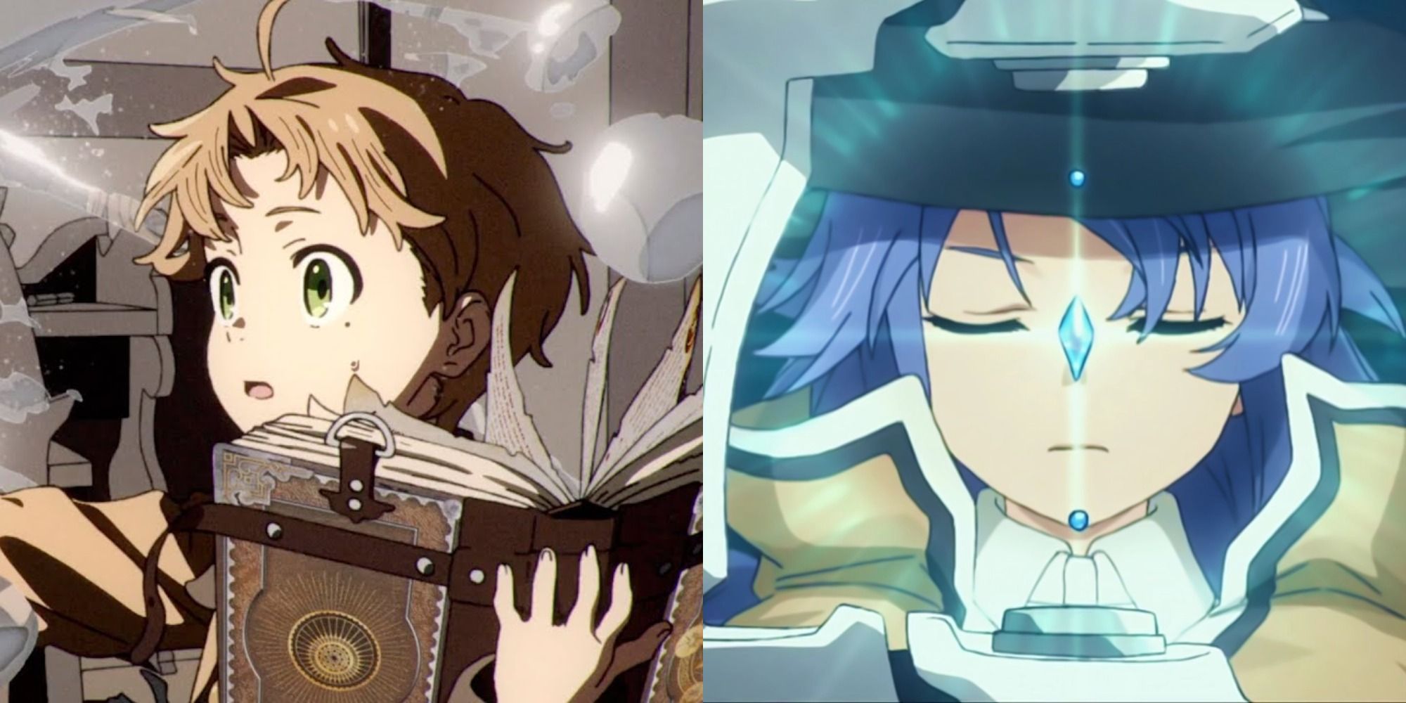 Split image showing Rudeus and Roxy in Mushoku Tensei Jobless Reincarnation.