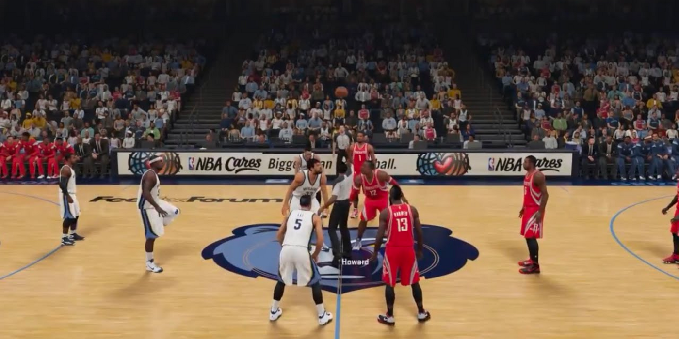 A jumpball on the Memphis Grizzlies court in NBA 2K15