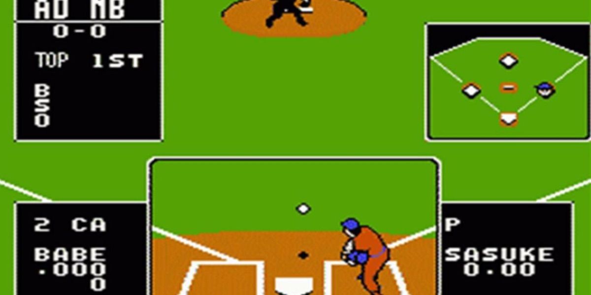A batter swings at a pitch from Baseball Stars 