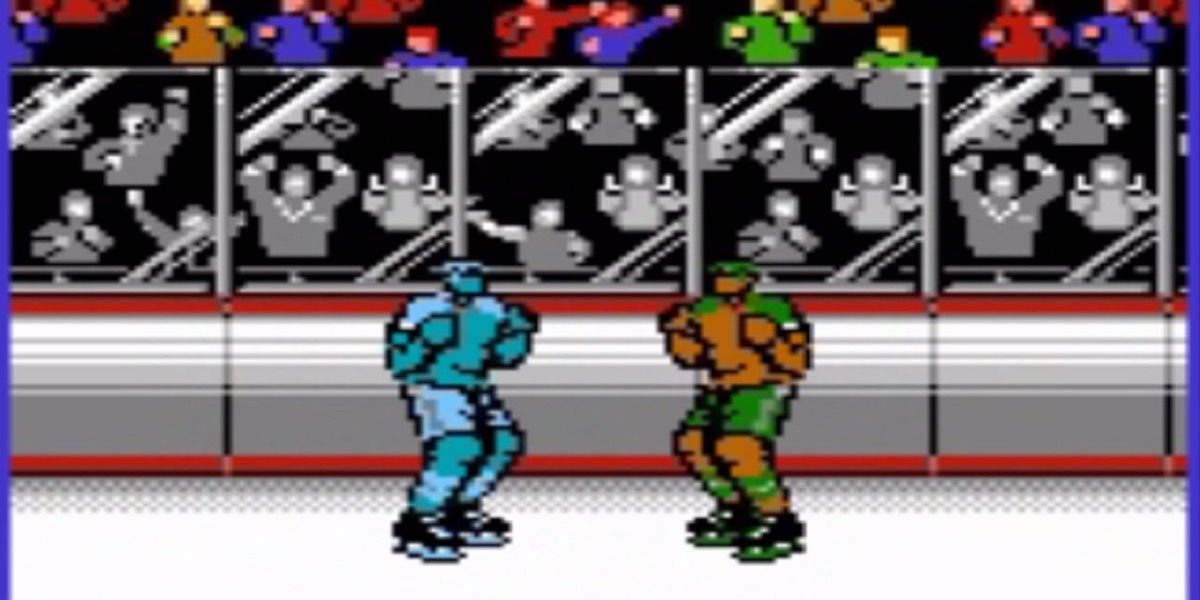 Two hockey players square up for a fight from Blades of Steel