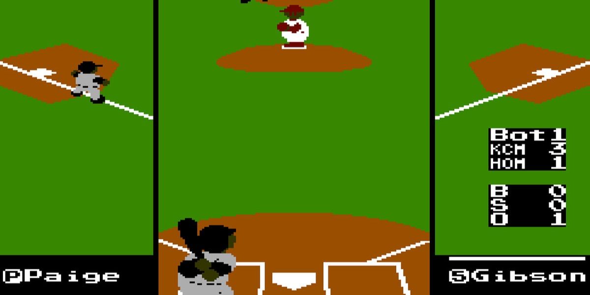 A batter awaits a pitch in RBI Baseball 