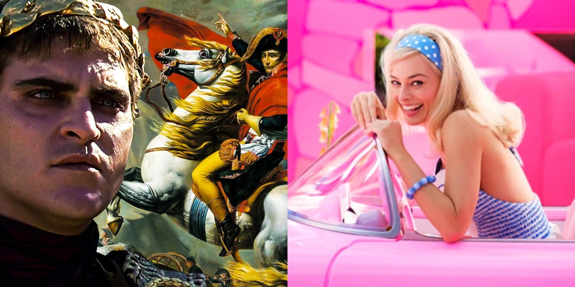 Split image showing Napoleon and Joaquin Phoenix and Margot Robbie as Barbie.