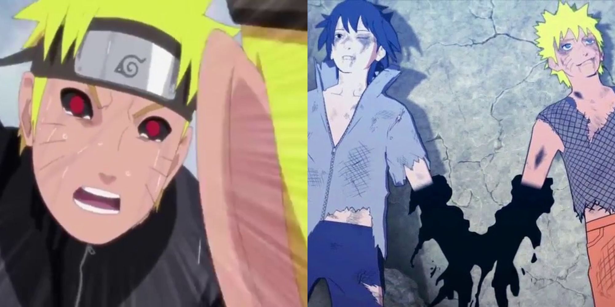 Split image showing Naruto fighting Dark Naruto and Sasuke.