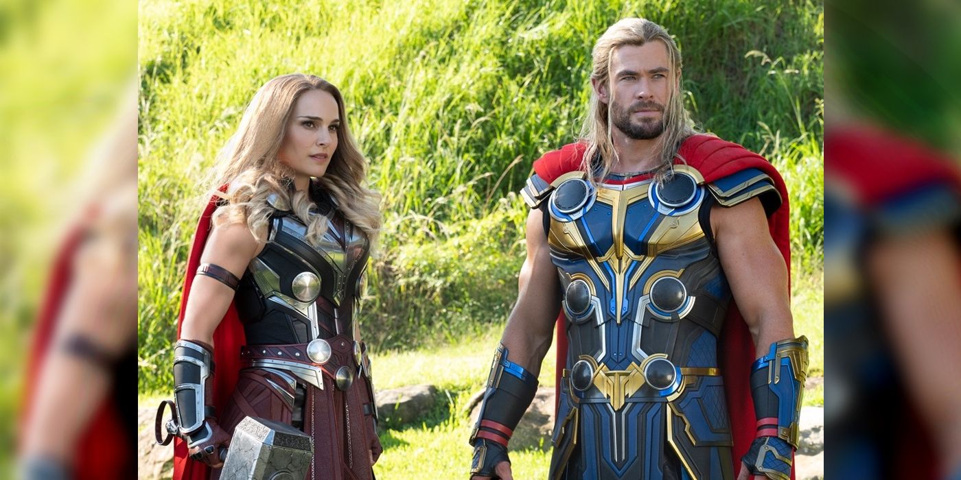 Natalie Portman as Jane Foster and Chris Hemsworth as Thor in Thor Love and Thunder Header