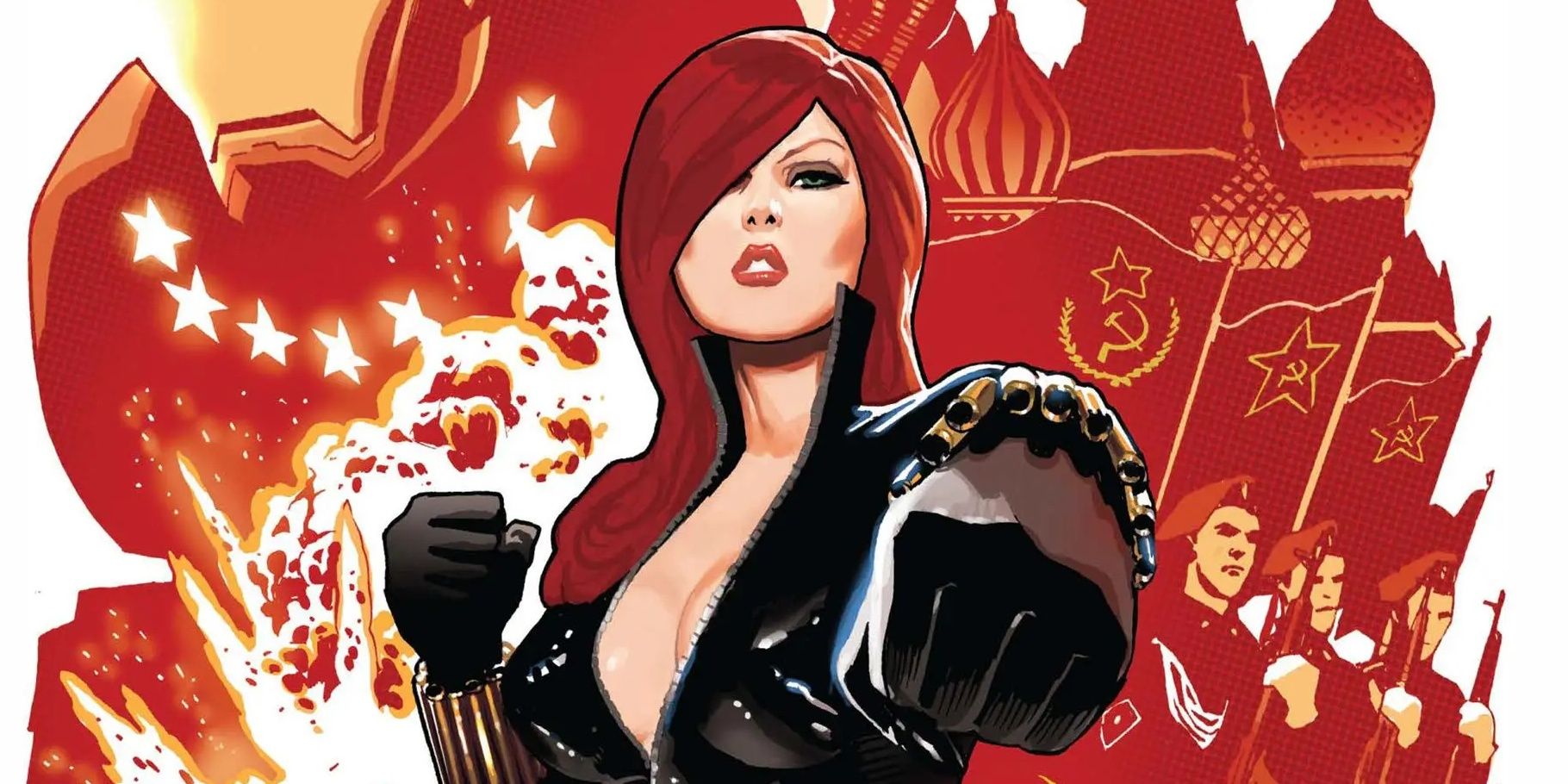 Natasha Romanoff as the Black Widow on the cover of Black Widow Vol 4 aiming with her hands