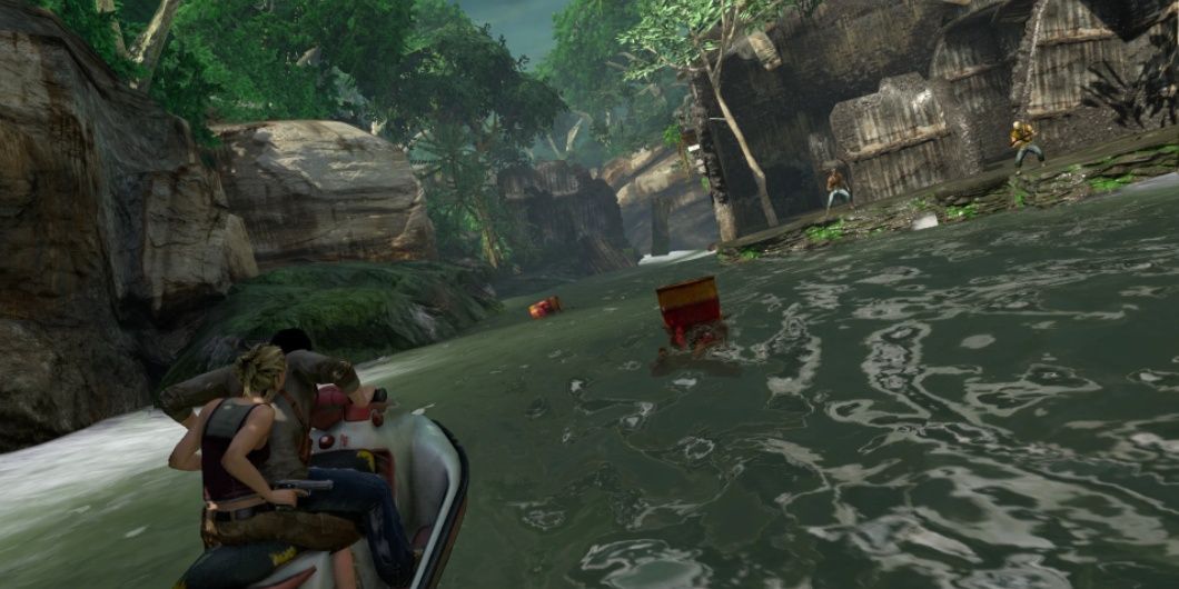 Nate and Elena on a jetski in Uncharted Drake's Fortune 
