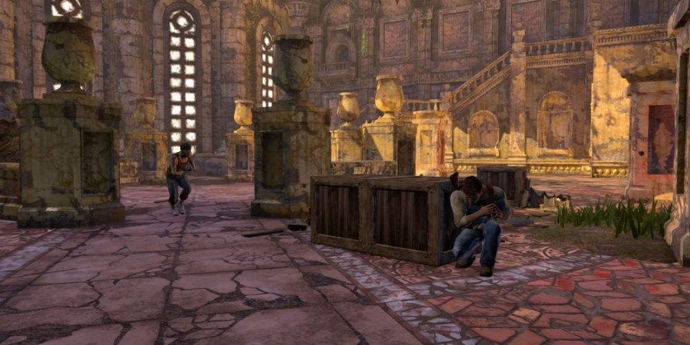 Nate takes cover from an enemy in Uncharted Drake's Fortune 
