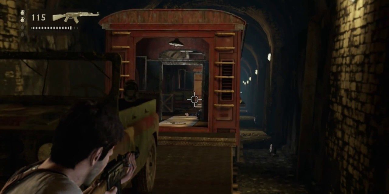 Nathan Drake aiming a gun in Uncharted 2 Among Thieves 