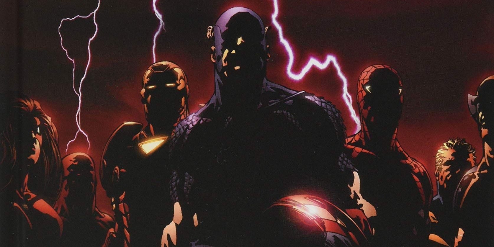 Spider-Woman, Vision, Iron Man, Captain America, Spider-Man and Wolverine standing in the dark with lightning behind them.