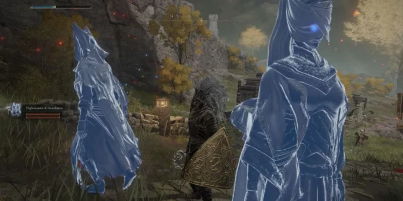 The player character standing in between the Nightmaiden and Swordstress Spirit Summon in Elden Ring during nighttime.