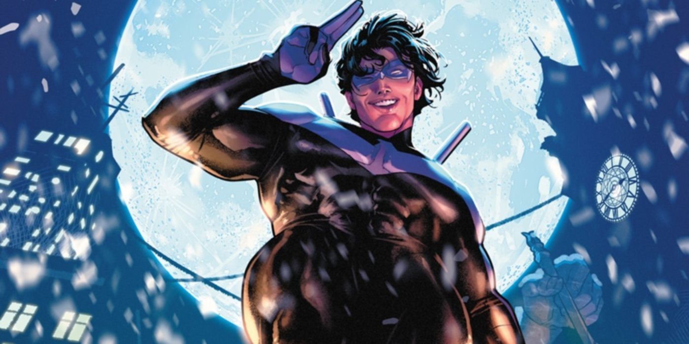 Nightwing smiling and saluting in DC Comics.