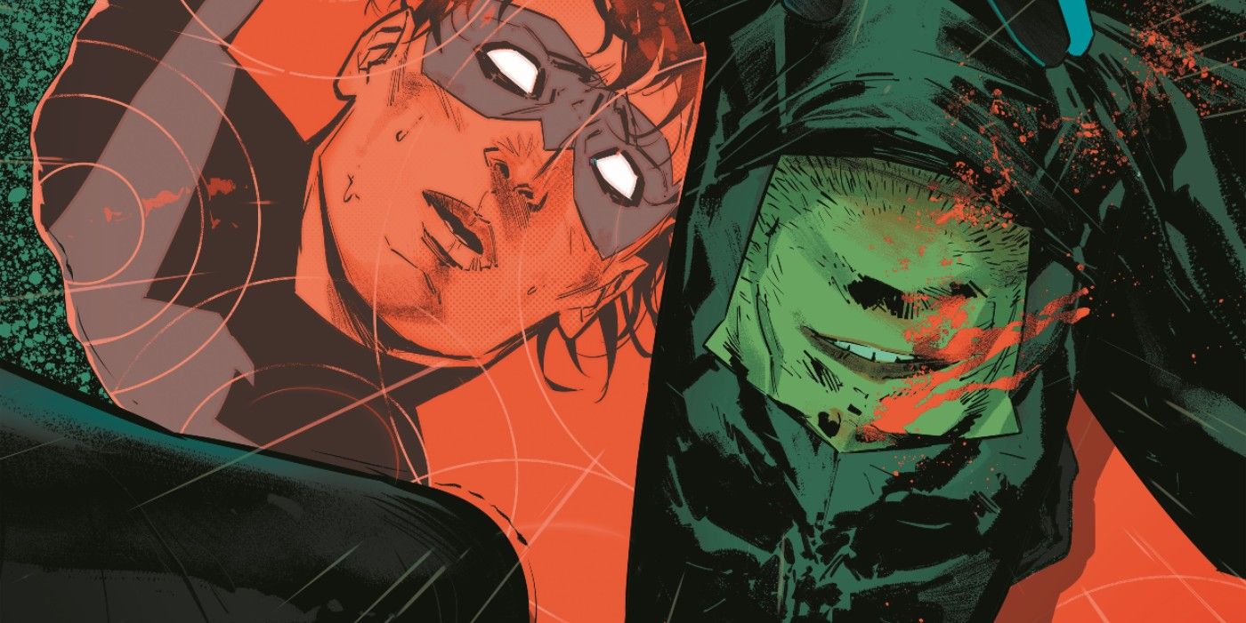Nightwing stares at a bloody Batman in Batman 126 cover