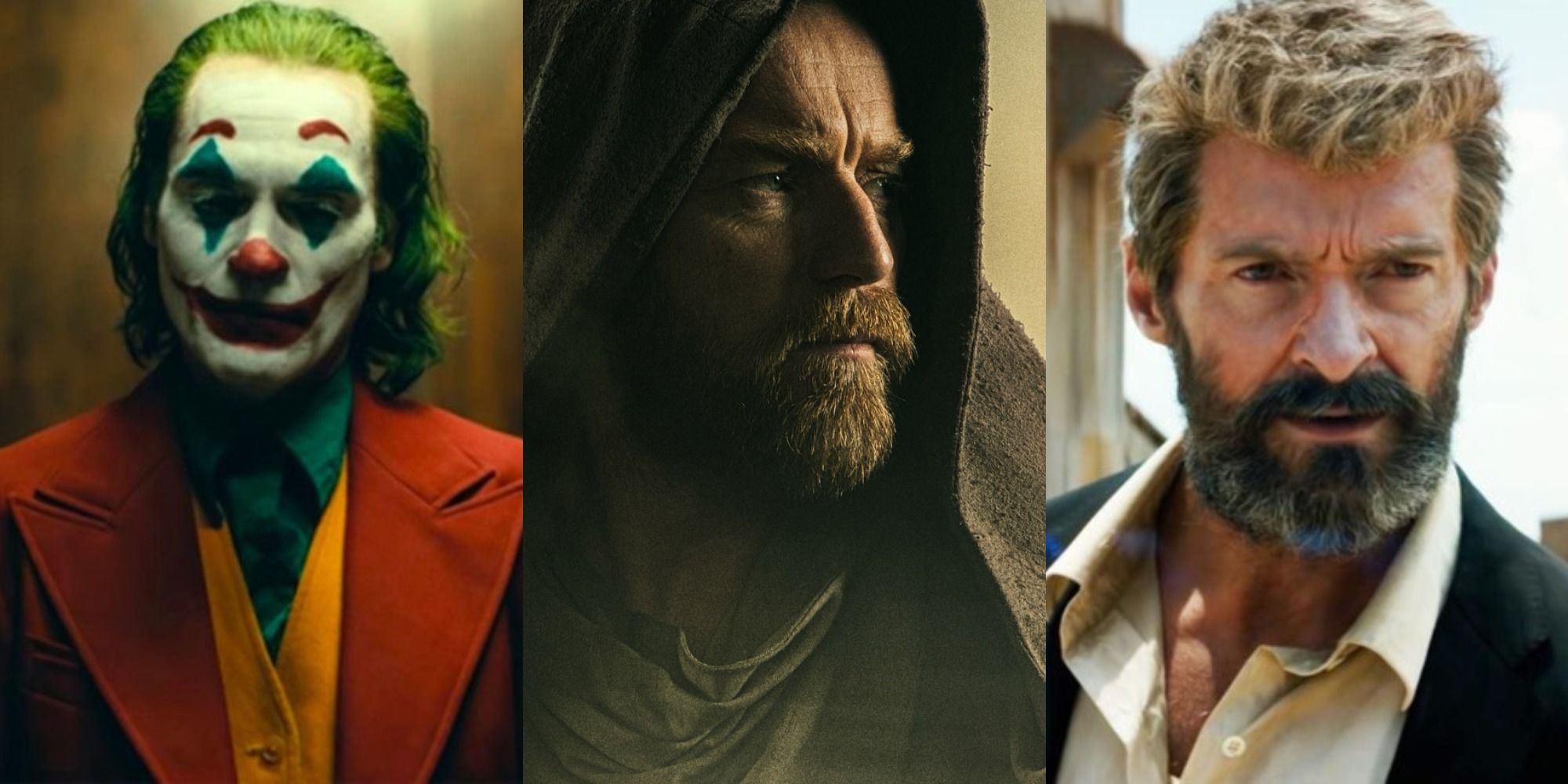 Split image of Joaquin Phoenix from Joker, Ewan McGregor from Obi-Wan Kenobi, and Hugh Jackman from Logan.