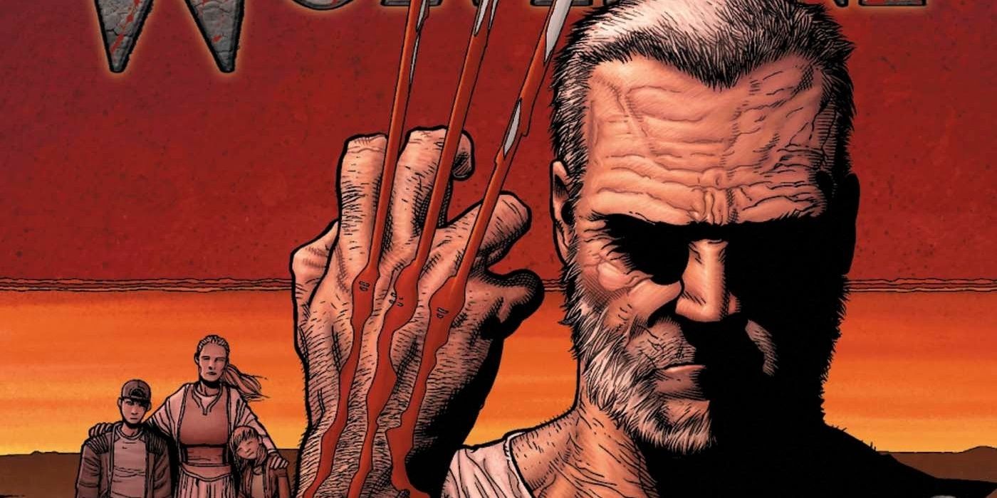 An older, gray-haired Wolverine with his bloodied claws out