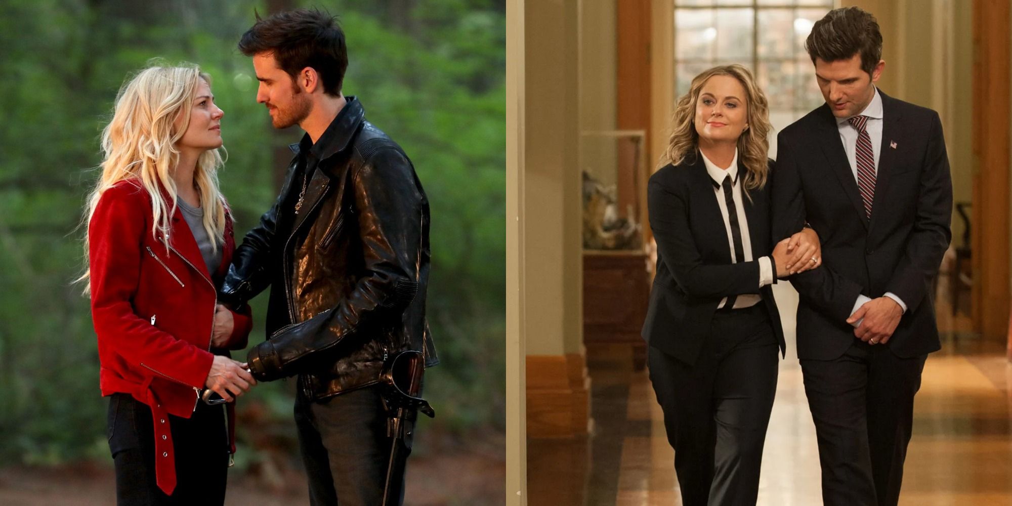 Split image showing Emma and Hook in OUAT and Ben and Leslie in Parks And Rec.
