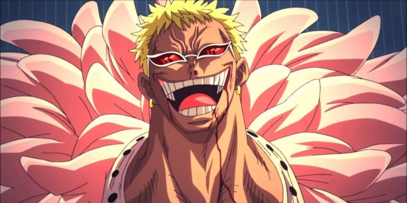 Donquixote Doflamingo laughing in One Piece.