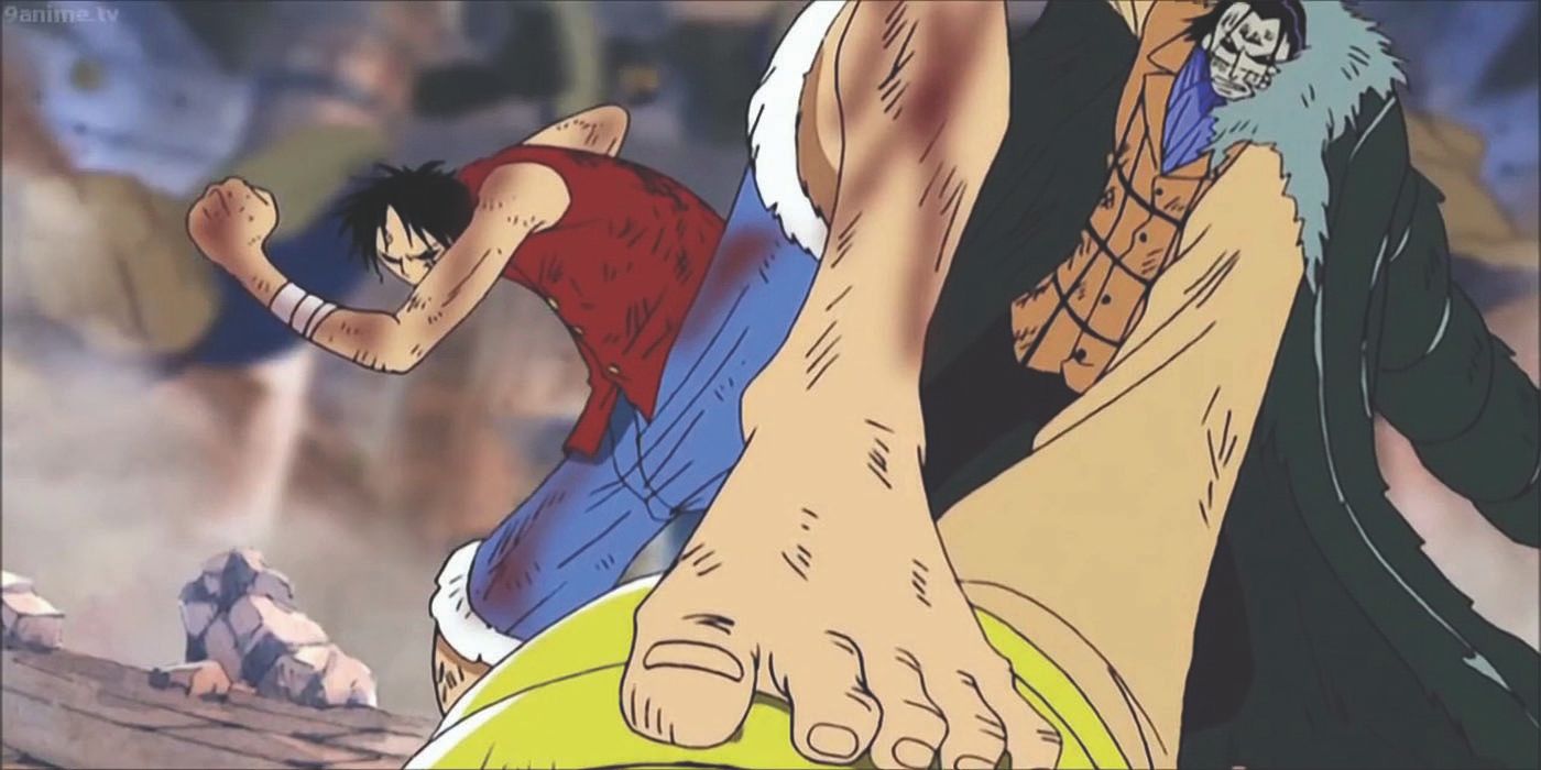 Luffy putting his foot over Crocodile's while fighting in One Piece