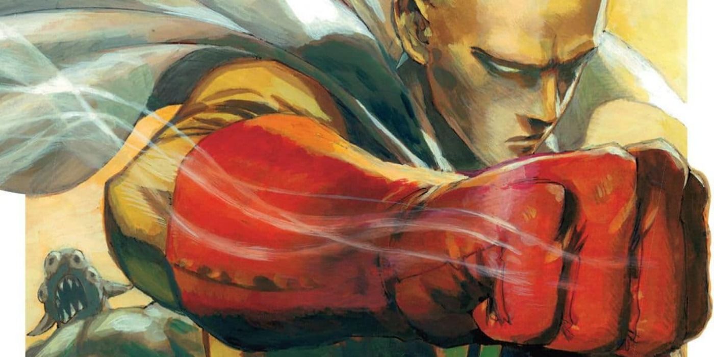 A stern Saitama throwing a punch in One-Punch Man cover art.