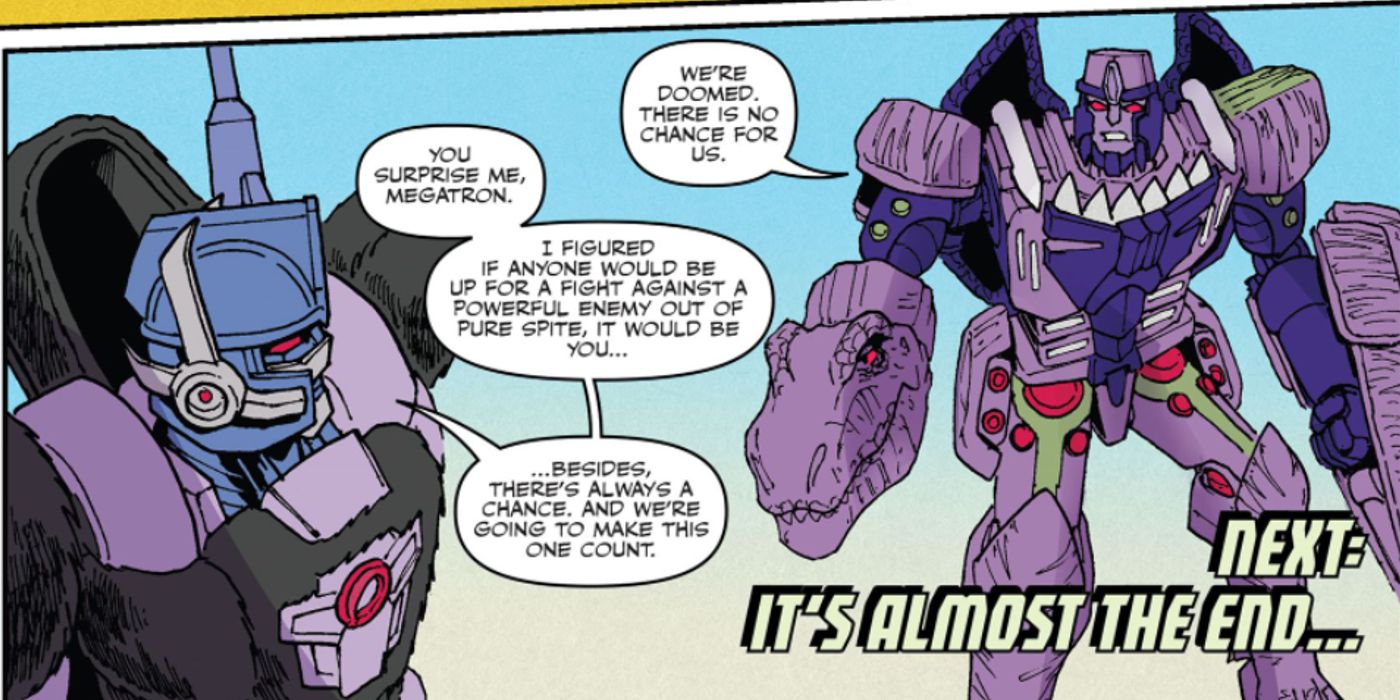 Optimus Primal tells Megatron that they will have to team up against the Vok in Transformers: Beast Wars #15.