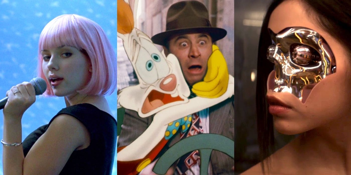 Three vertical images Scarlet Johansson in Lost in translation Bob Hoskins and Roger Rabbit scared and robotic girl with face half peeled off in Ex Machina