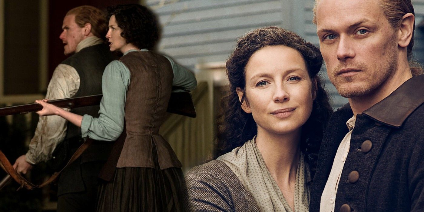 A blended image features Jamie and Claire armed with guns and Jamie and Claire smiling straight at the camera in Outlander season 6